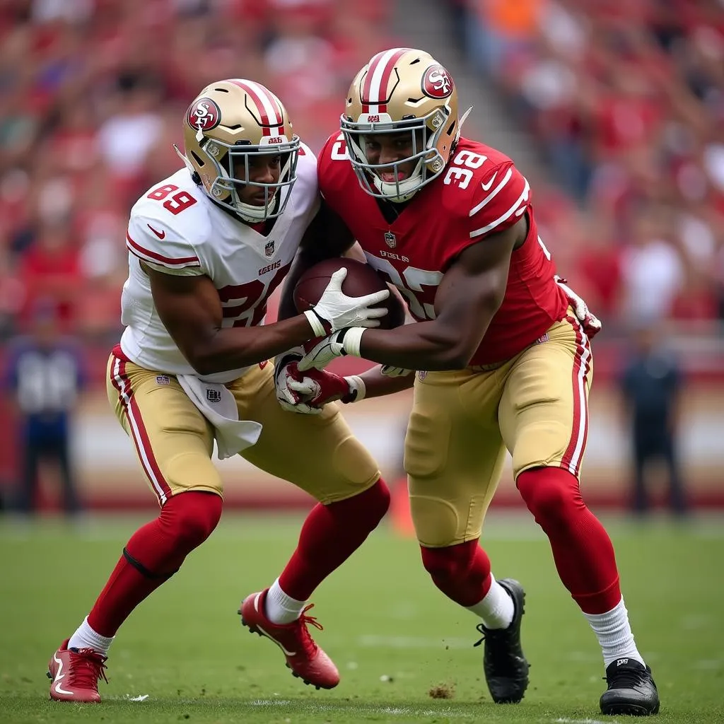 George Kittle runs with the football after a catch.