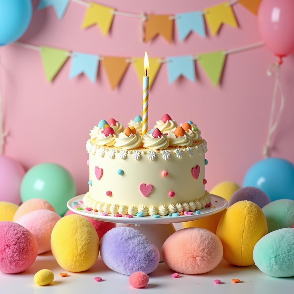 A decorated birthday cake surrounded by plush eggs as party favors