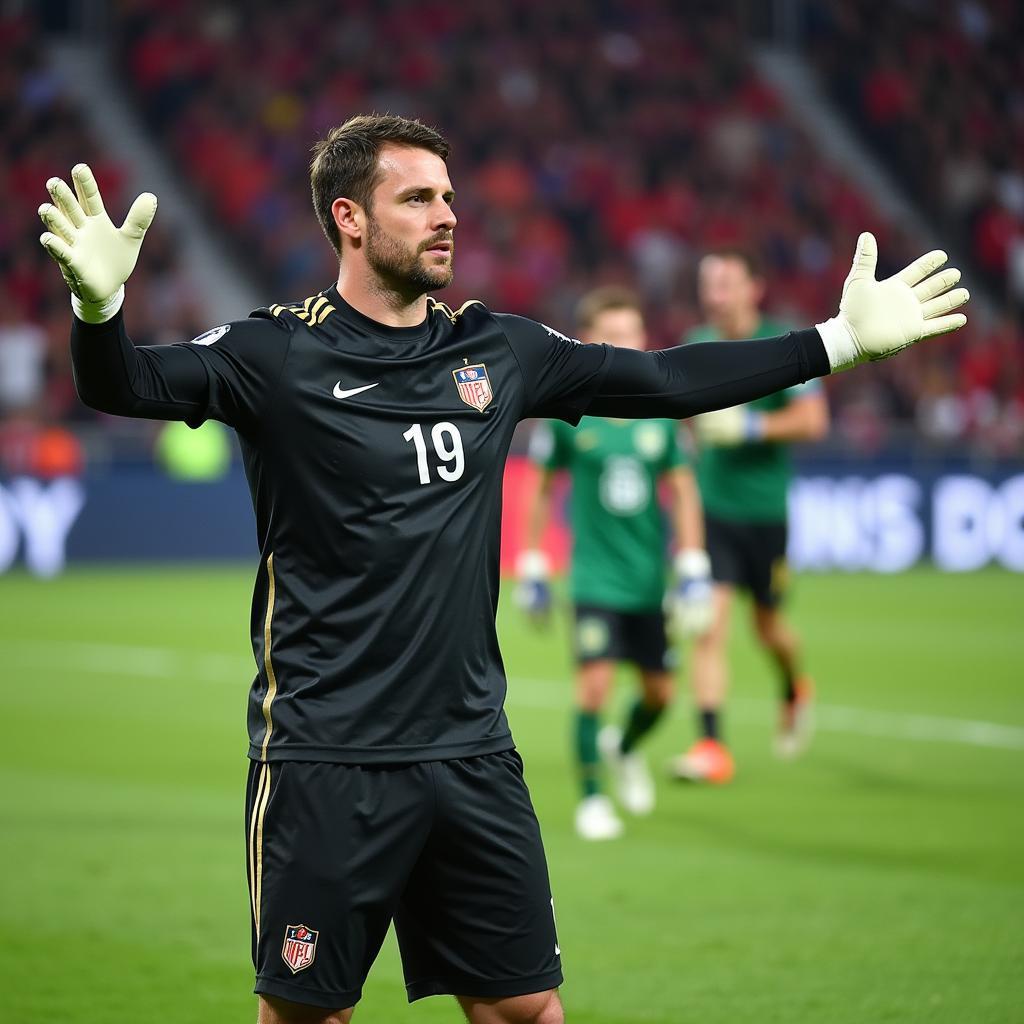 A goalkeeper intently instructs his team on forming a tight and disciplined wall to prevent any gaps