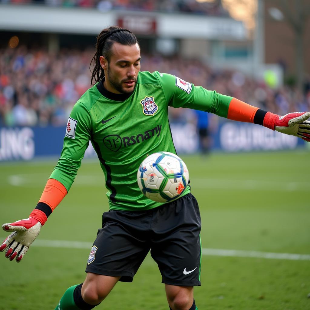 A goalkeeper making a diving save, emphasizing the importance of glove grip.