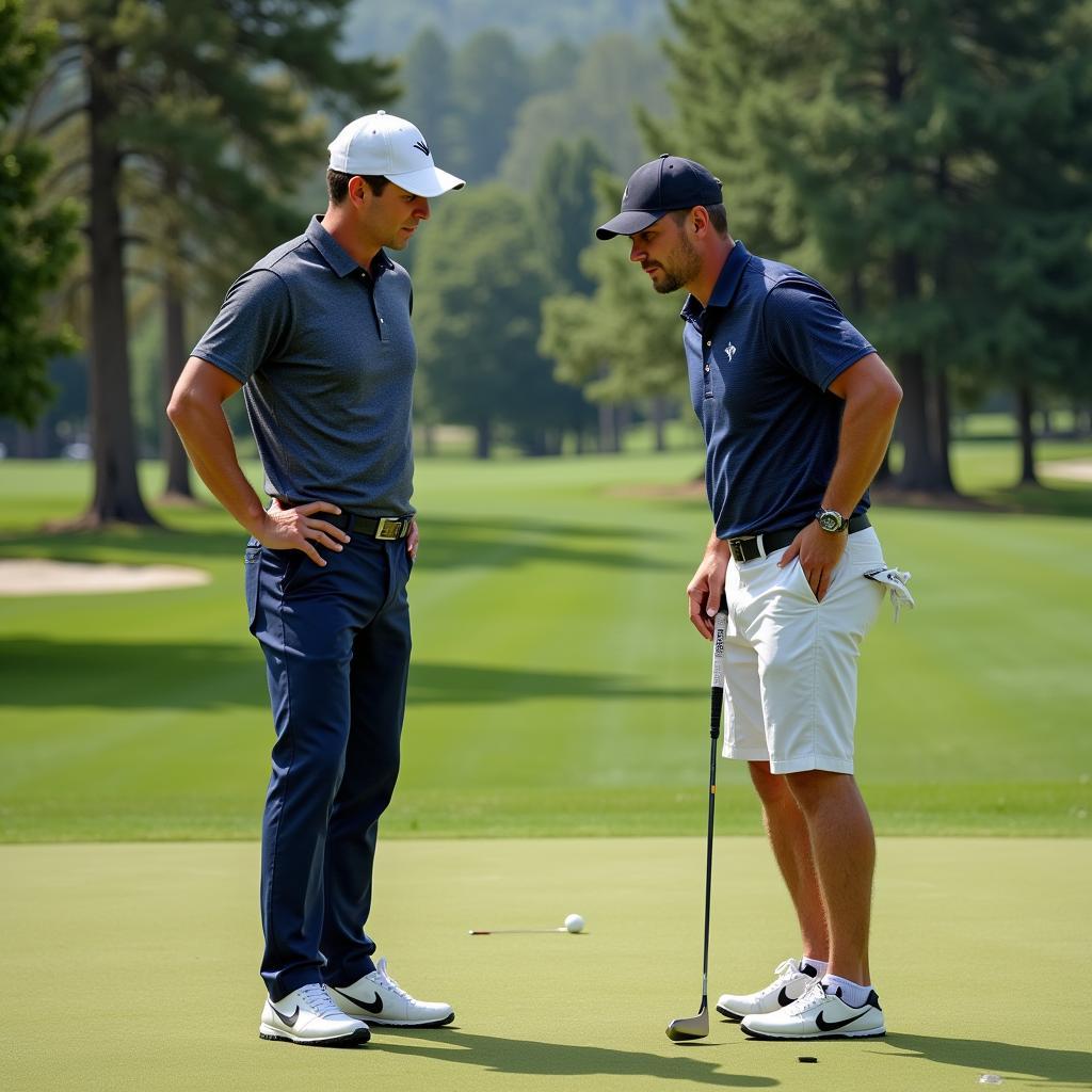 Partners Discussing Putt in Greensomes