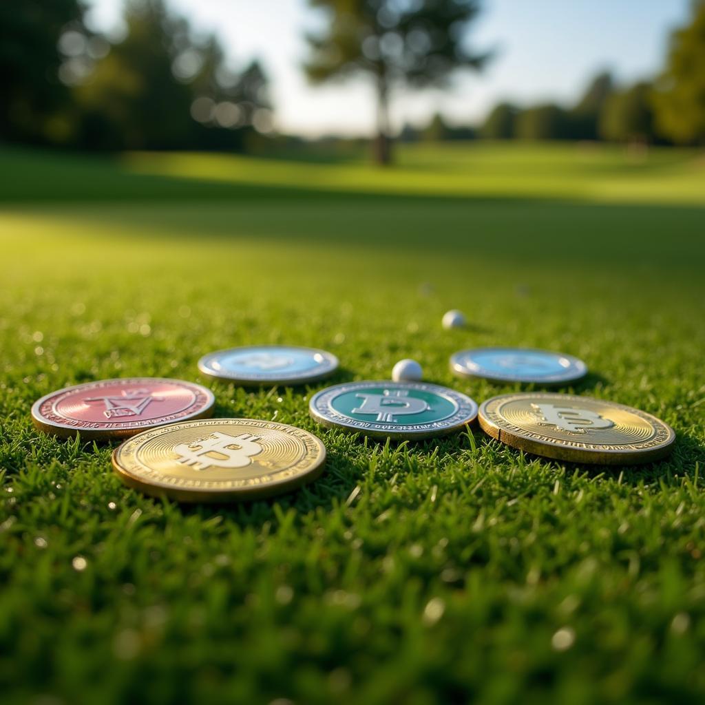 Golf tokens displayed on a vibrant green