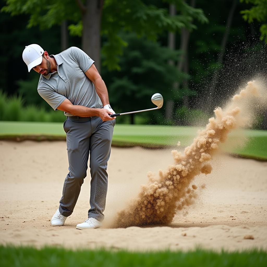 Golfer executing a sand save