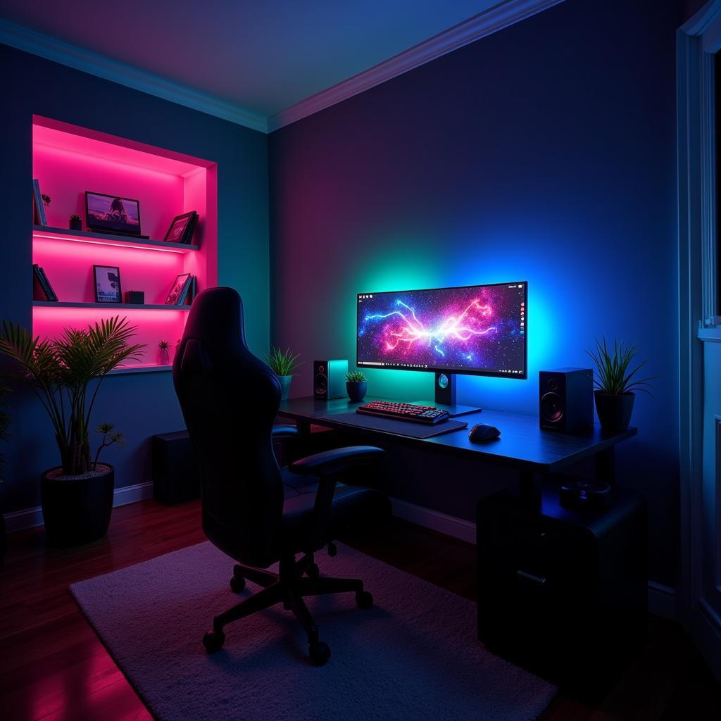 Modern Gaming Room with Gray Walls and RGB Lighting