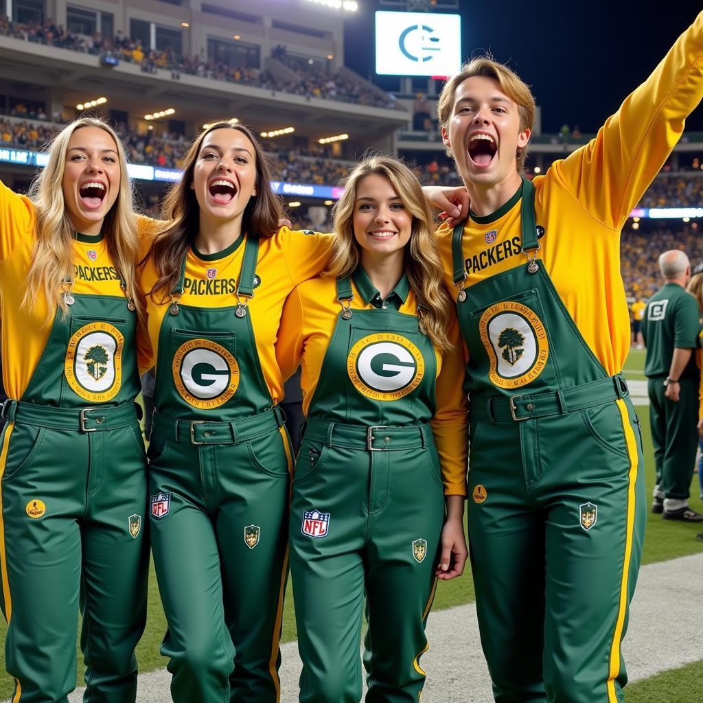 Green Bay Packers fans sporting green and gold overalls