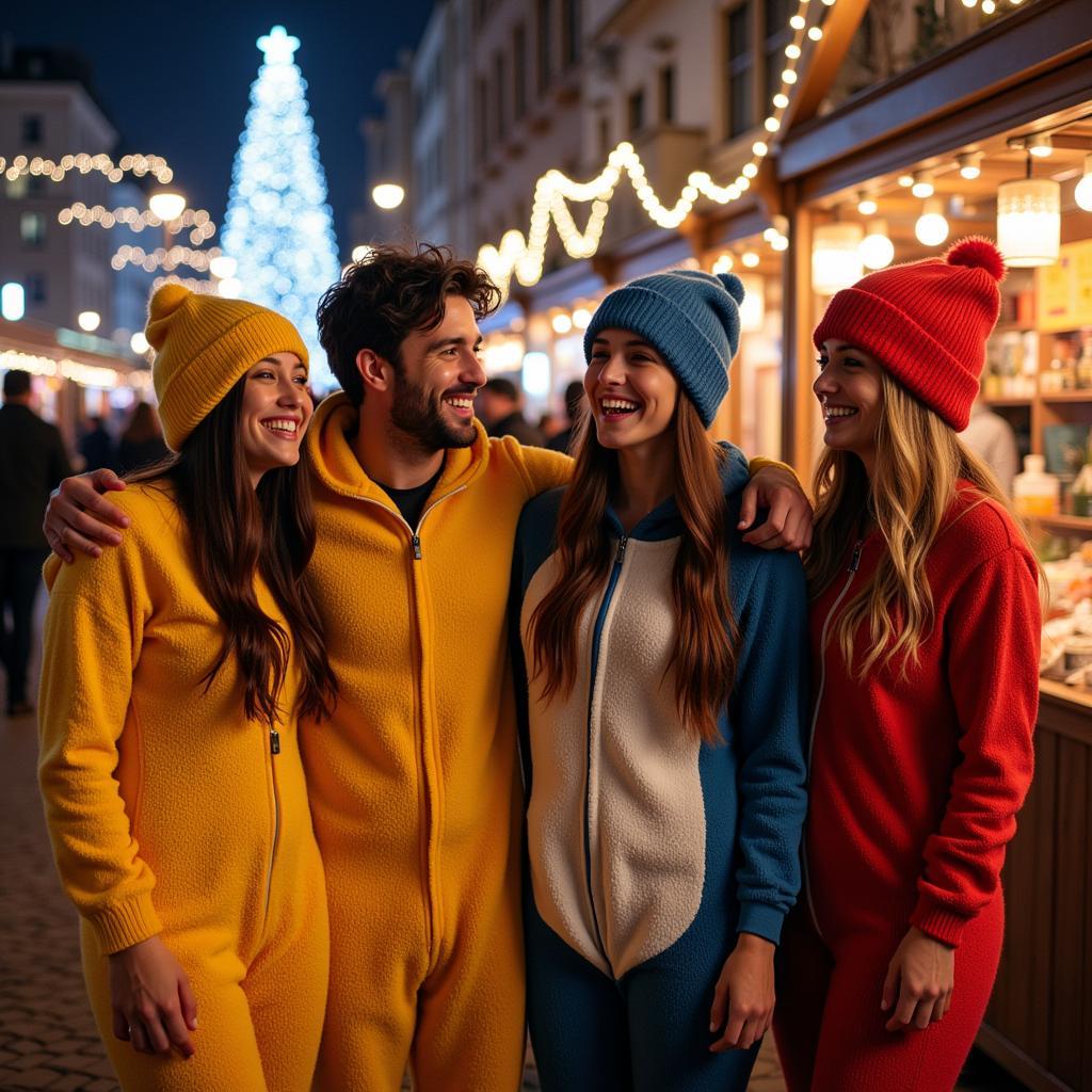 A group of friends wearing knitted onesies at a winter festival