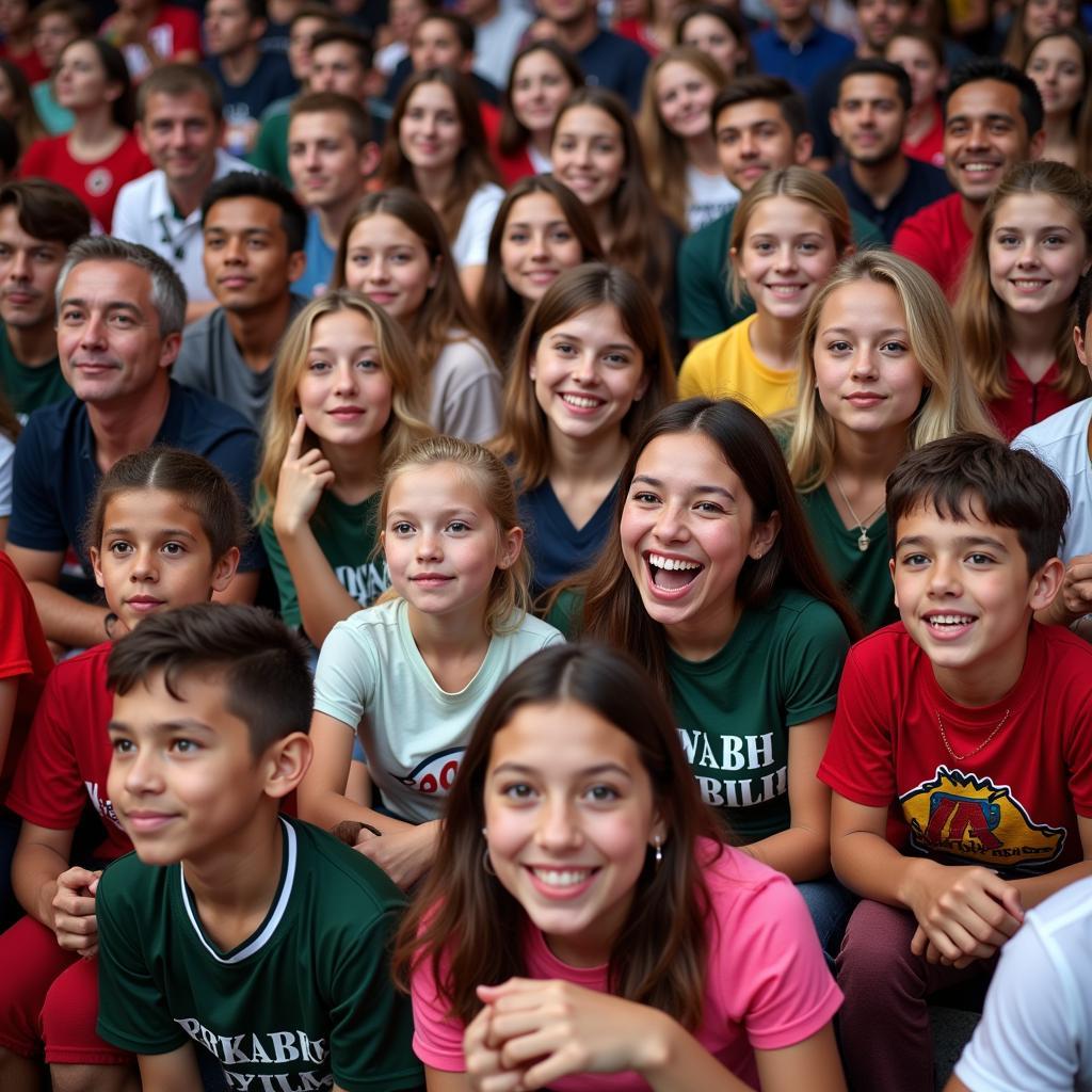 A diverse group of fans cheering together in their team's jerseys