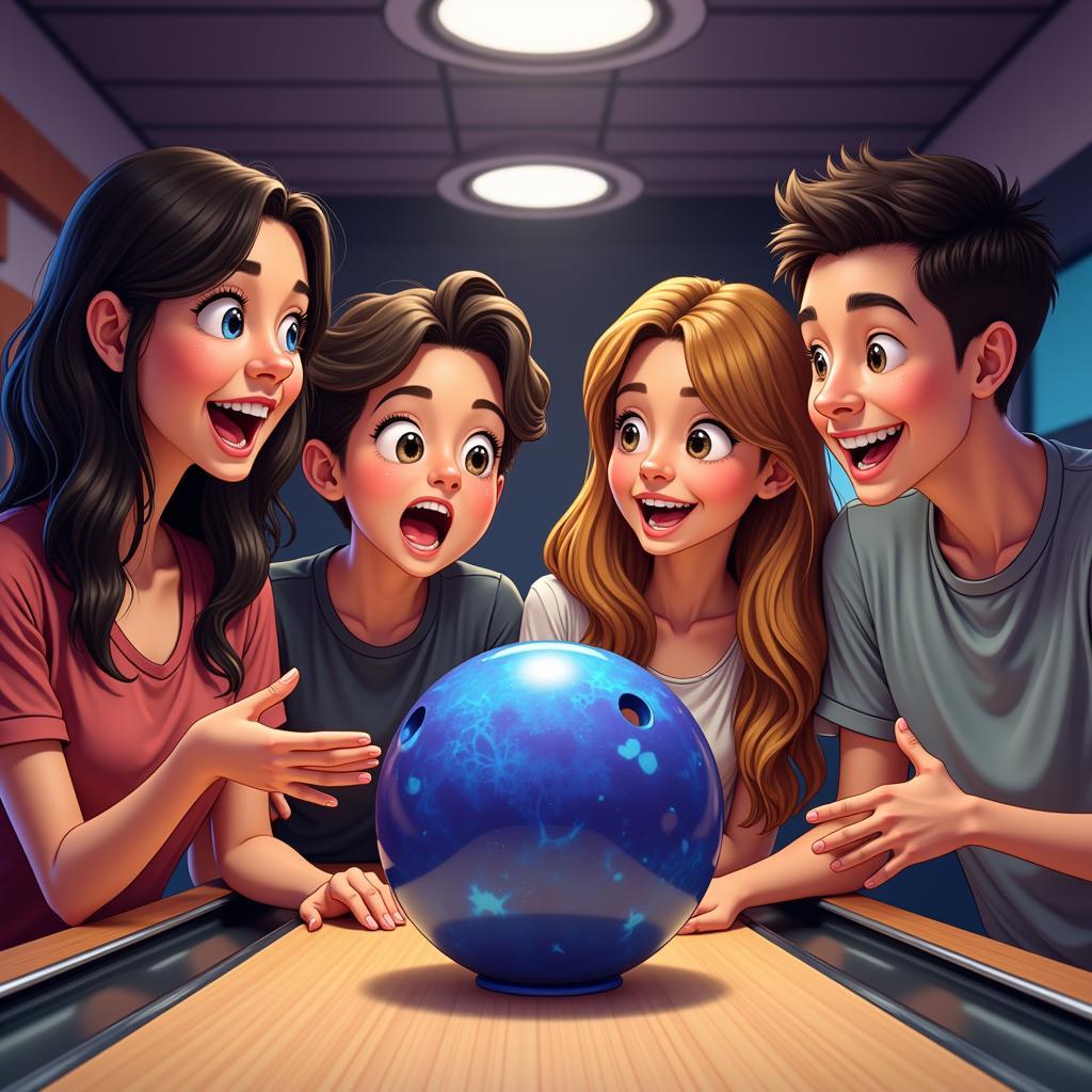 Friends gathered around a crystal bowling ball