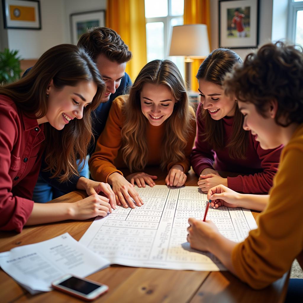 Group of friends enjoying a football word search puzzle together.