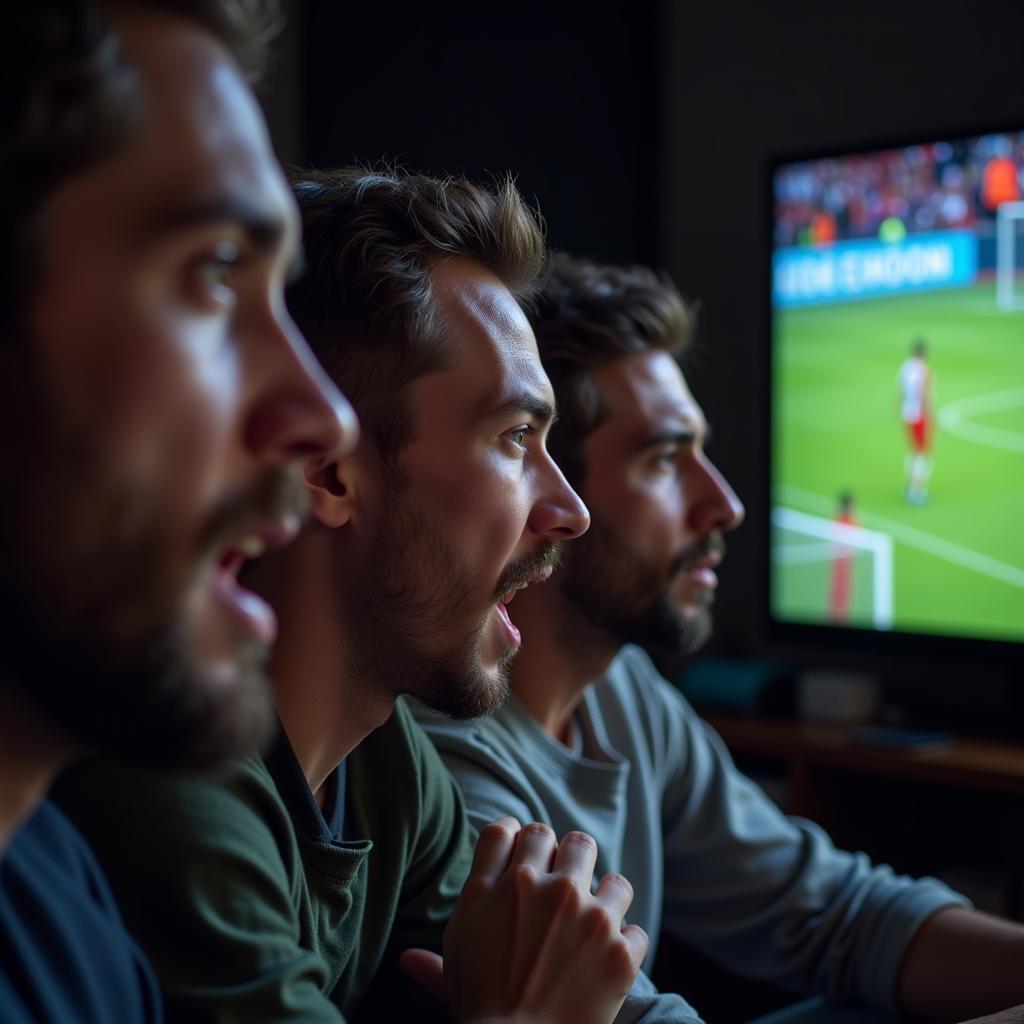 Group of friends watching a football match on TV