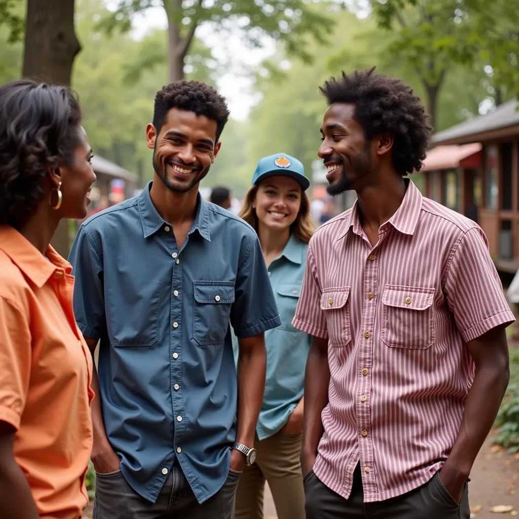 Group of friends wearing sandlot button down shirts in different colors