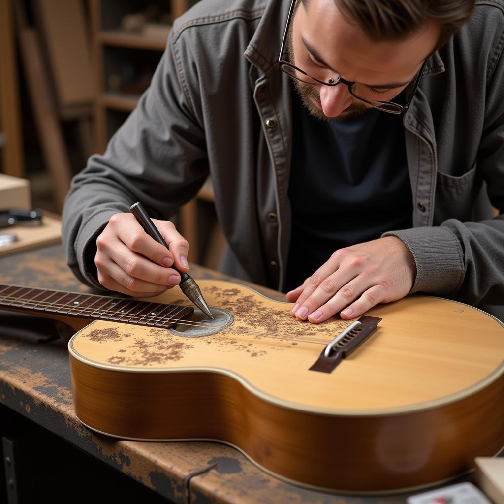 Guitar relicing process in a workshop