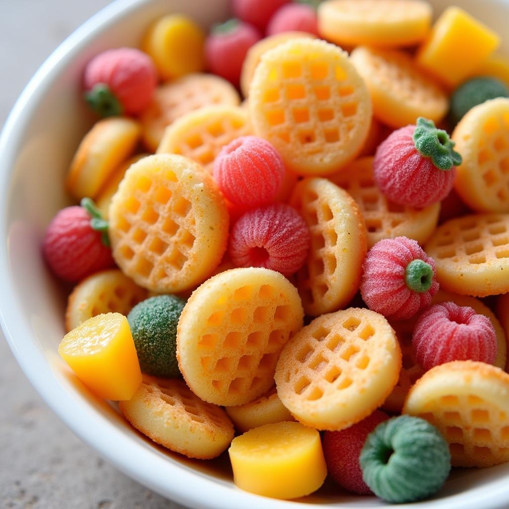 Colorful gummy breakfast cereal in a bowl