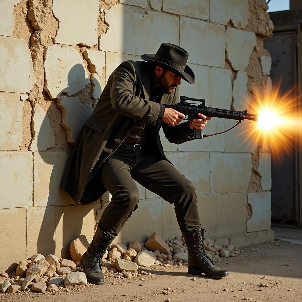 Gunslinger taking cover and returning fire during an intense firefight