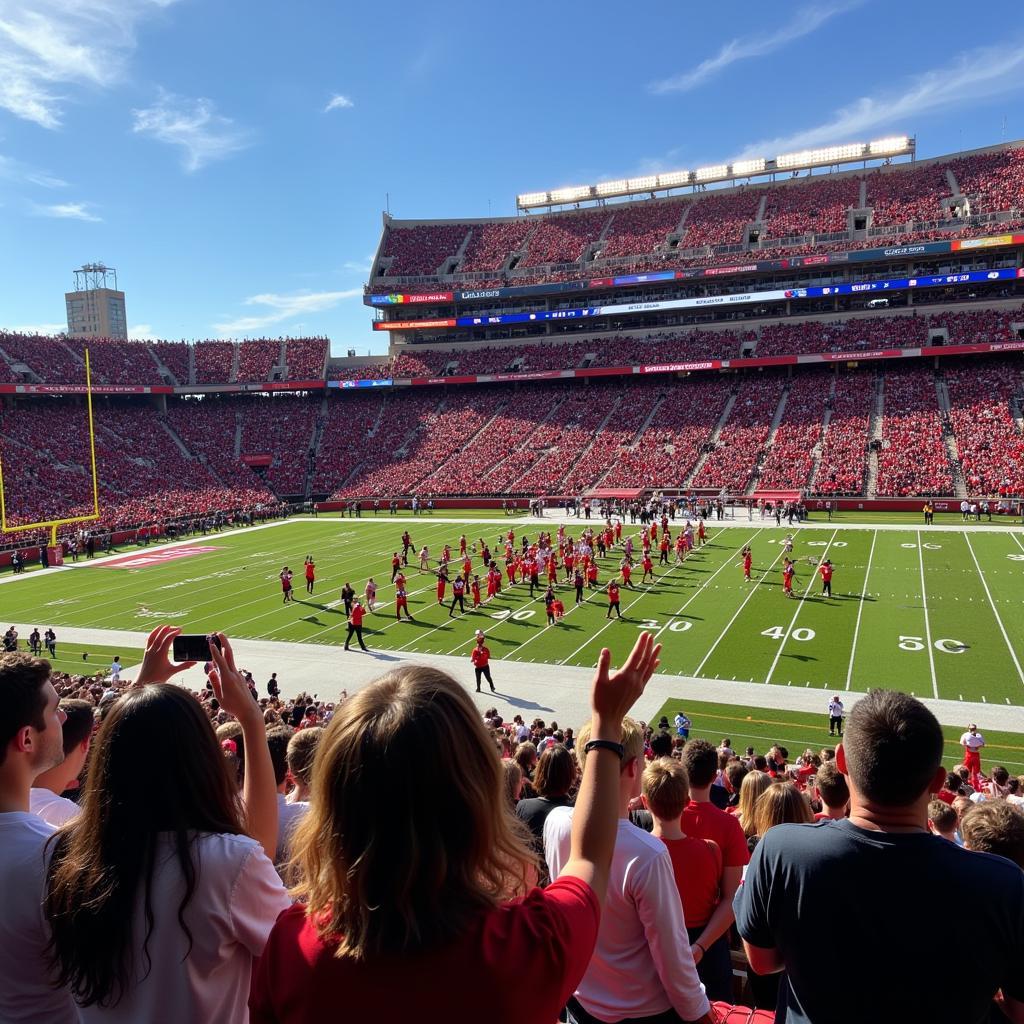 Fans cheering during a halftime show on a football field