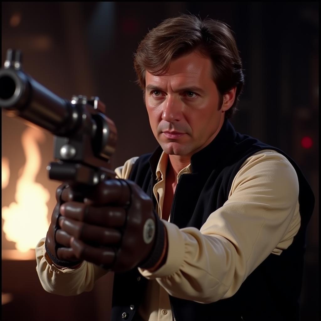 Han Solo wielding a blaster, hands clad in his signature gloves