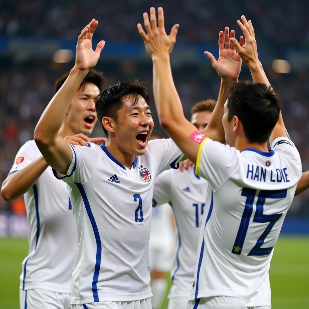 Han Son Lee celebrates scoring a goal