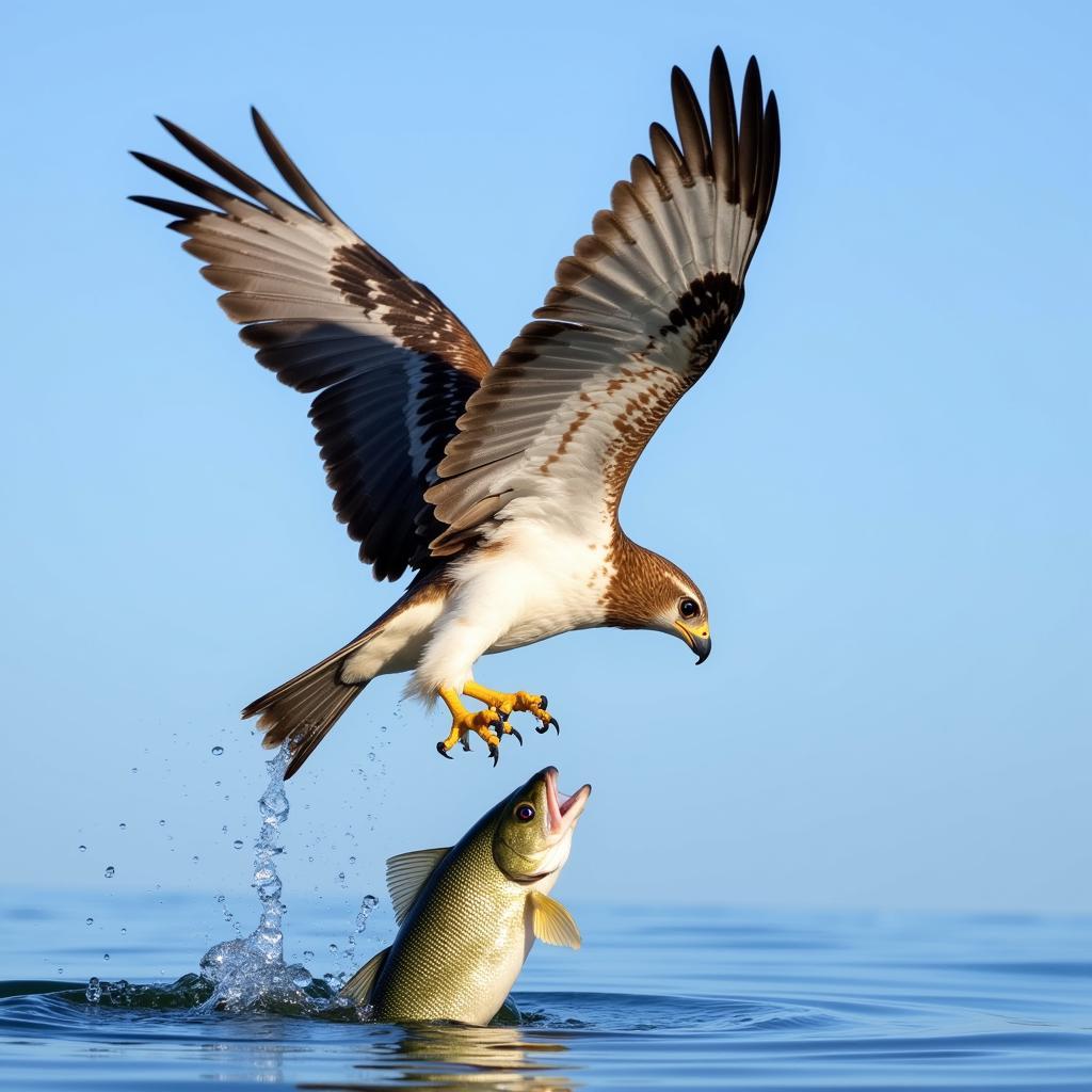 A hawk swooping down to catch a fish in its talons