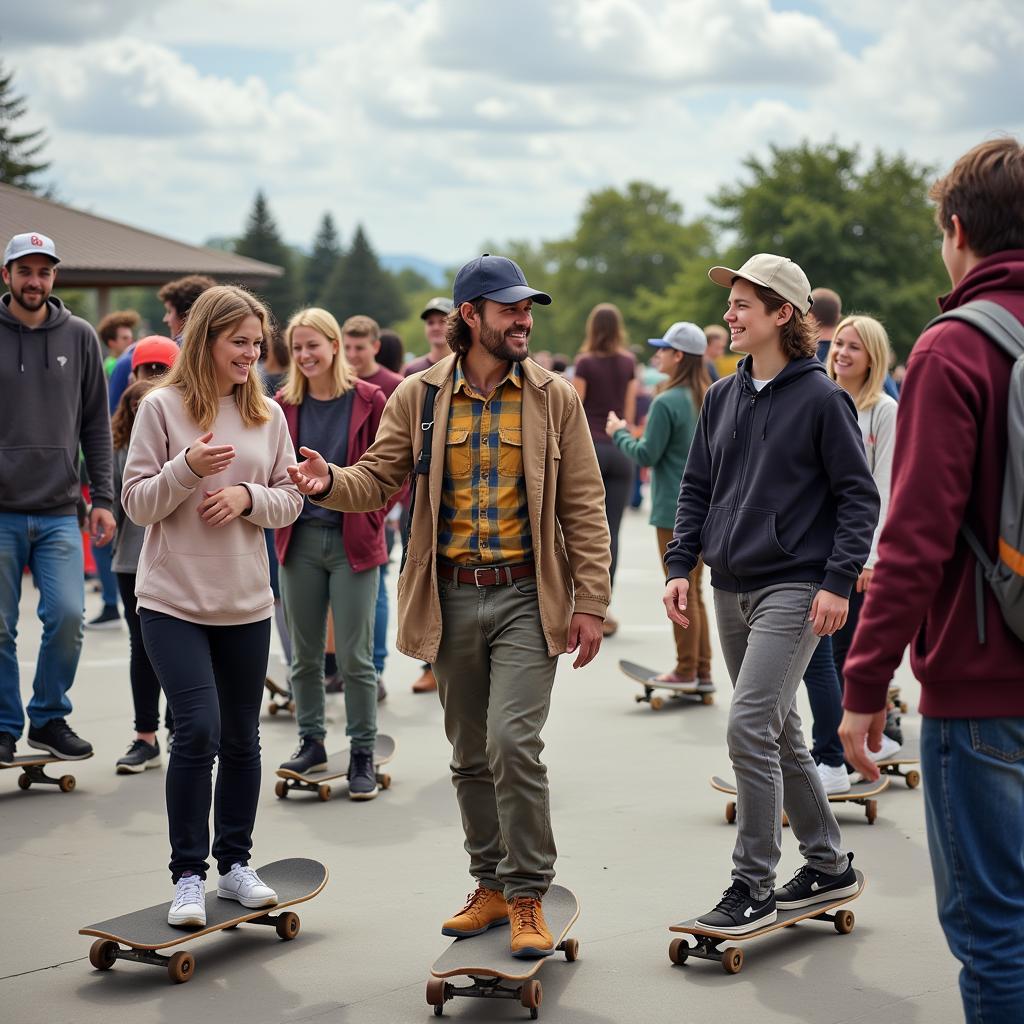 Group of skaters greeting each other at the skatepark