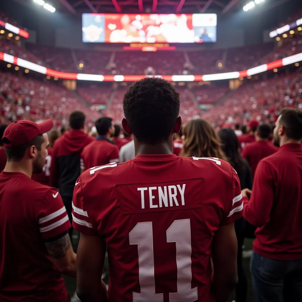 Fan wearing a Henry To'oto'o jersey in the stands of Bryant-Denny Stadium