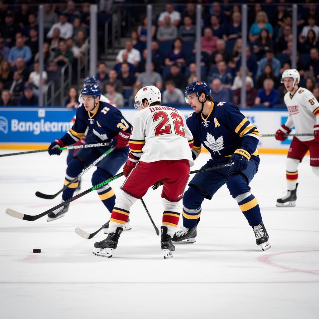 Action shot from the Heroes Hockey Tournament showing intense gameplay