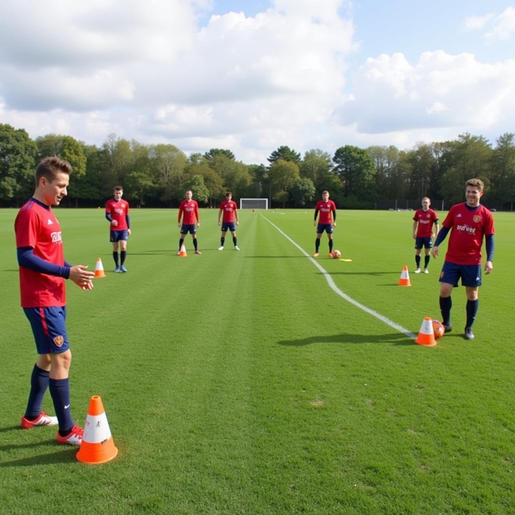 Football players practicing the hitch route using cones.