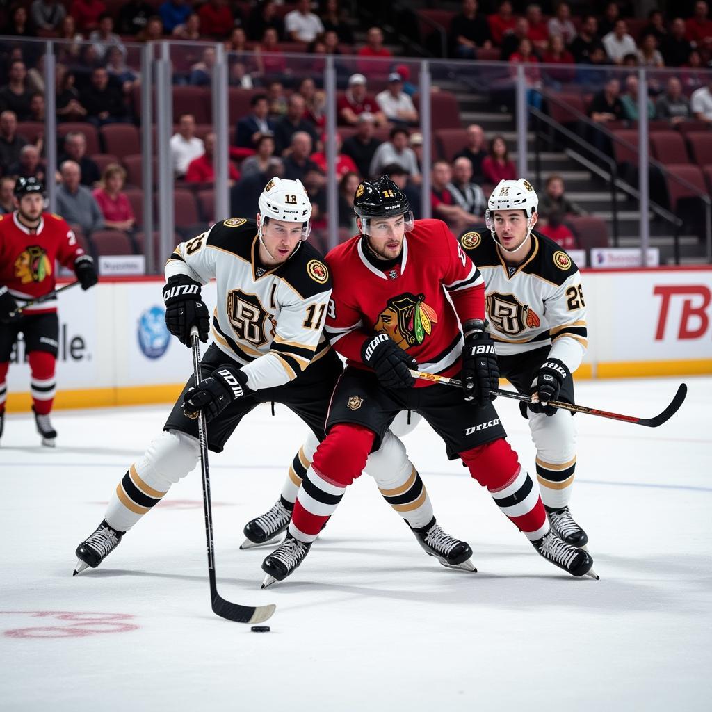 Action shot of a hockey game with players battling for the puck