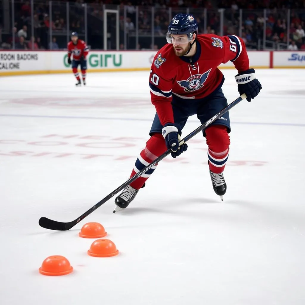 Hockey Player Practicing Skating Drills