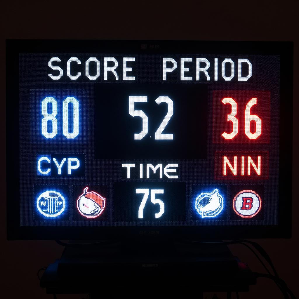 Scoreboard showing the score, period, and time remaining in a hockey game