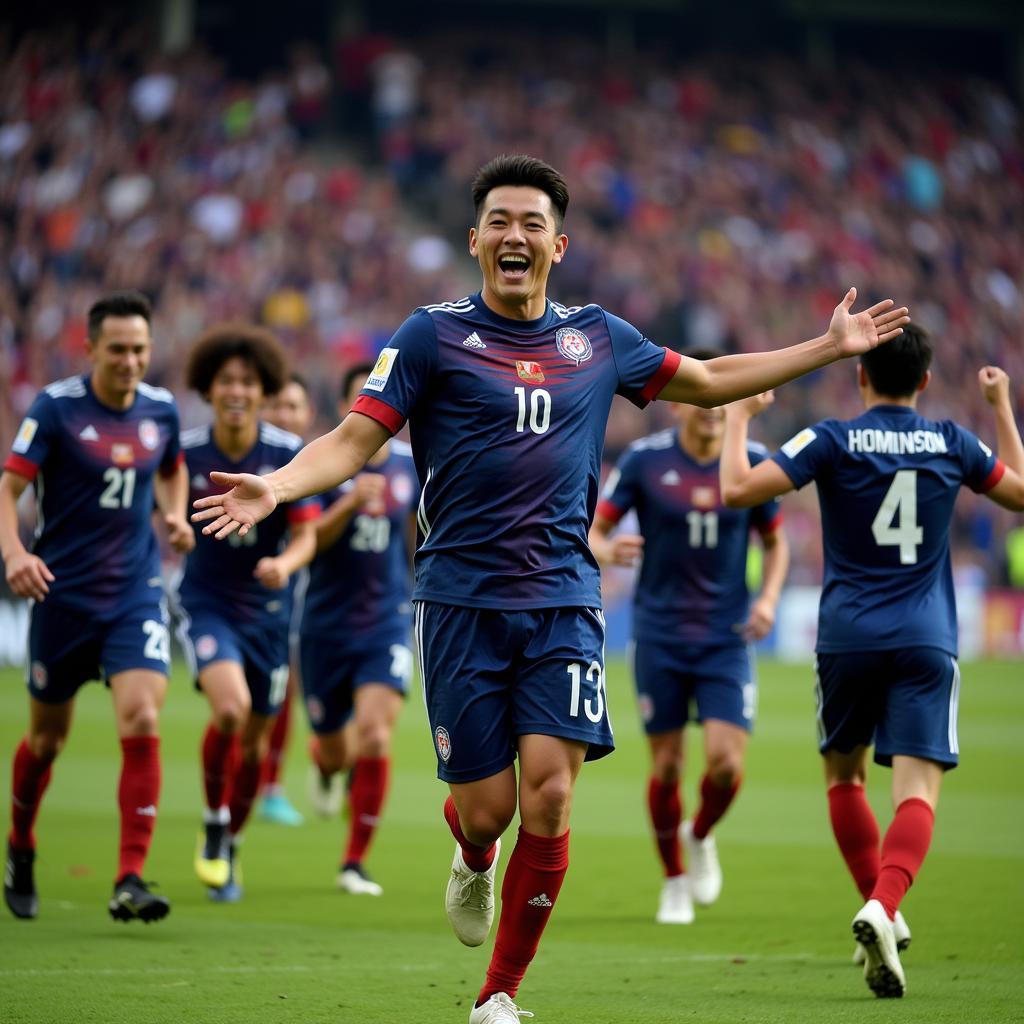 Hong Jeong celebrating a crucial goal with his teammates.