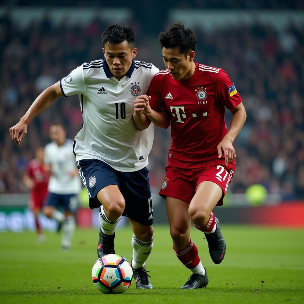 Hong Jeong maneuvering the ball on the field during a heated match.