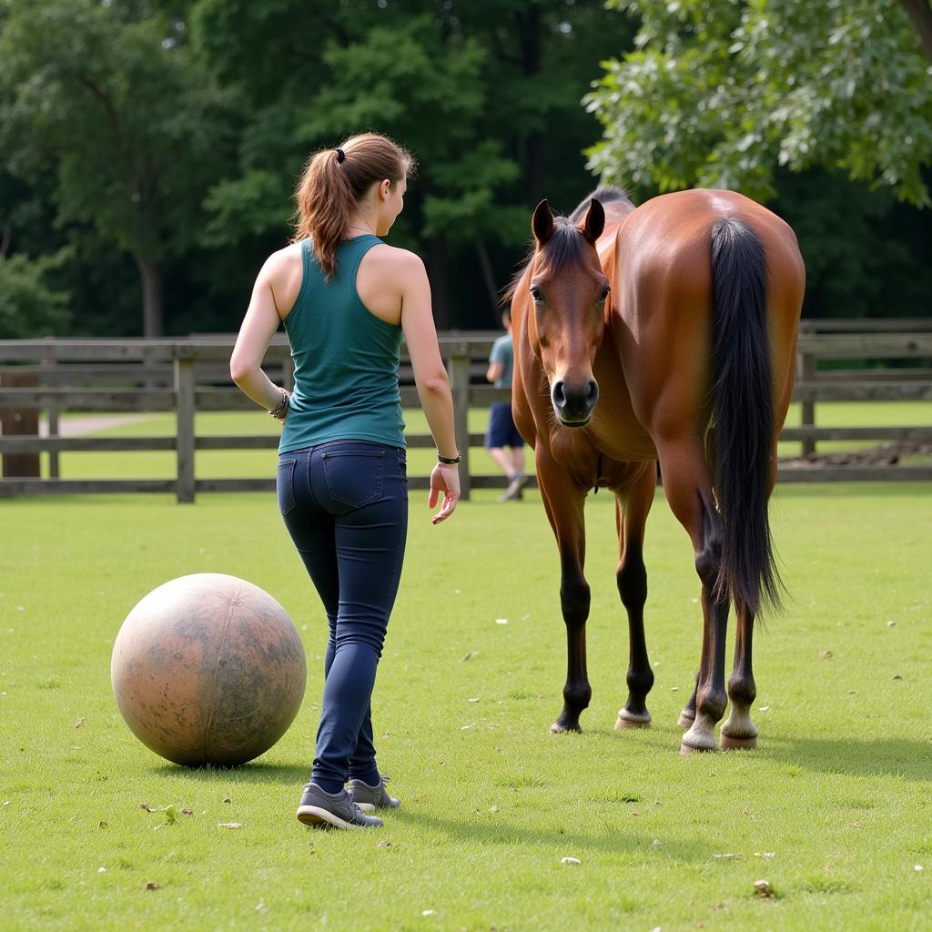 Horse and owner interacting with a ball toy