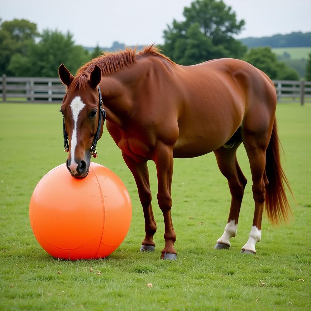 Horse enjoying a ball toy