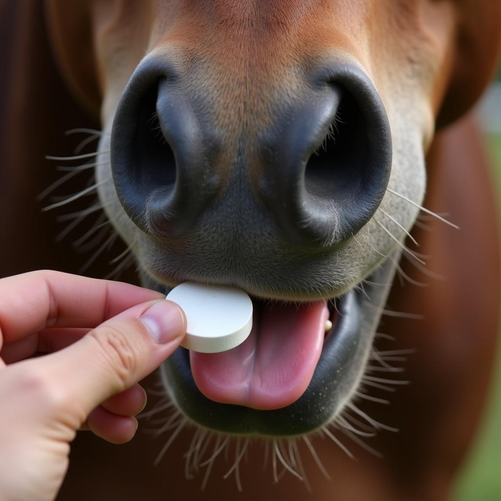 Horse receiving a medication bolus