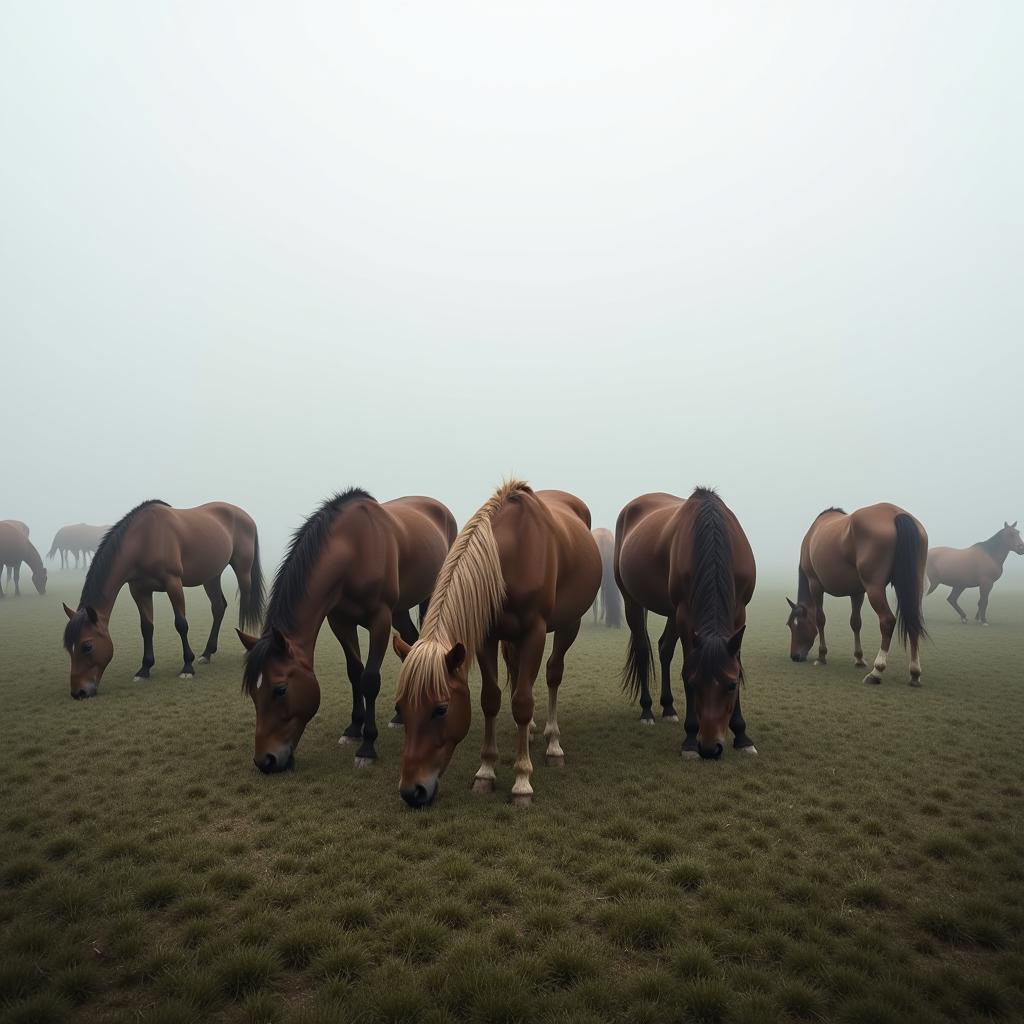 Horses Grazing in Misty Morning