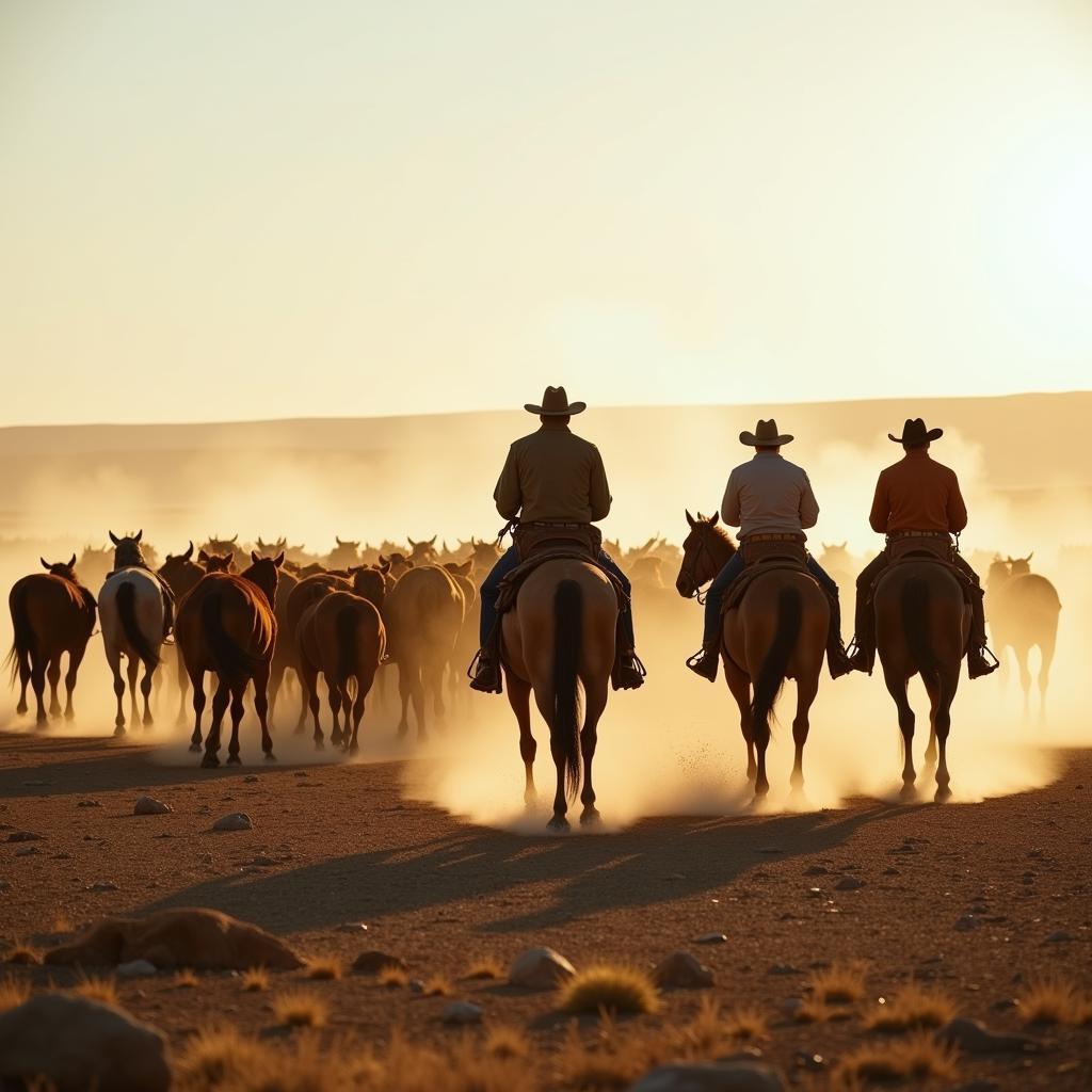 Horses expertly herding cattle on a dusty ranch