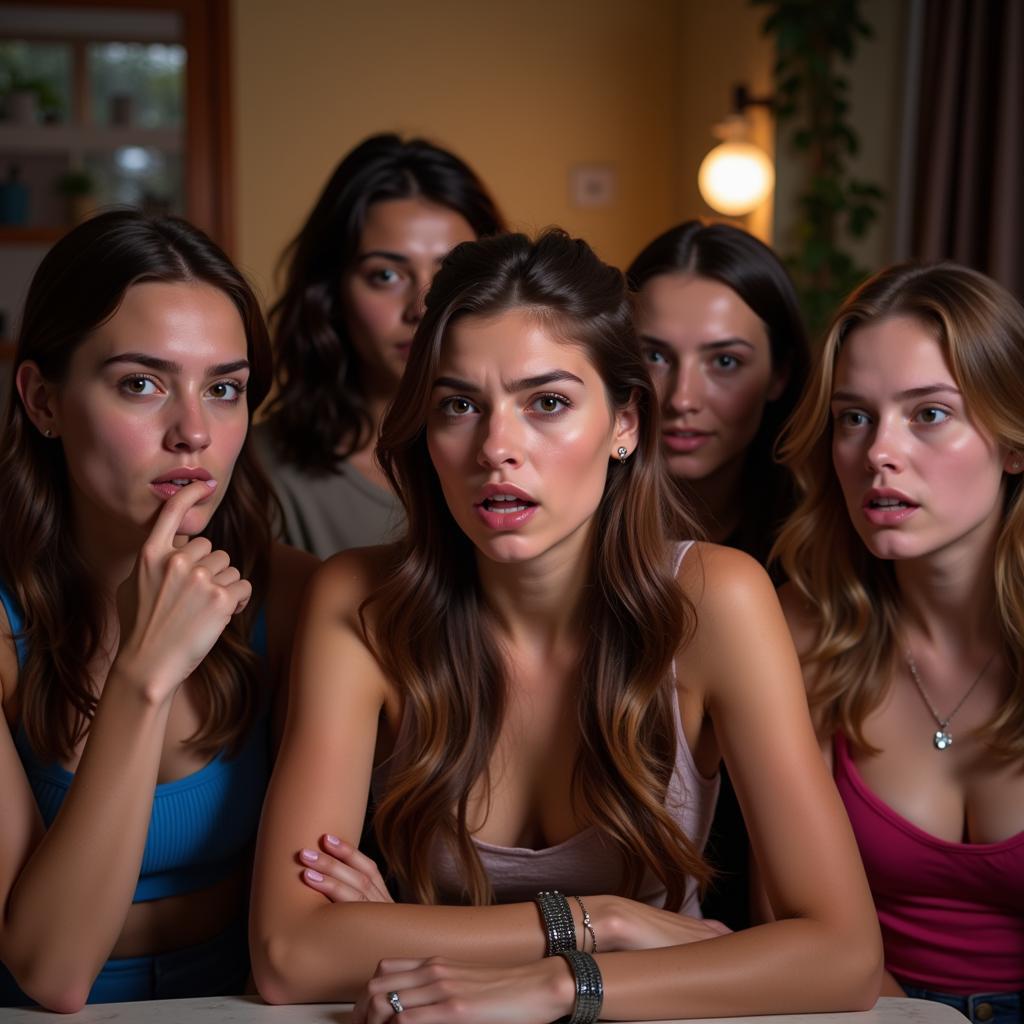 Group of friends looking concerned at a party, one person looking distressed