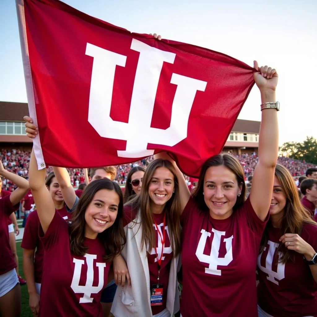 Indiana University students celebrating with the university flag