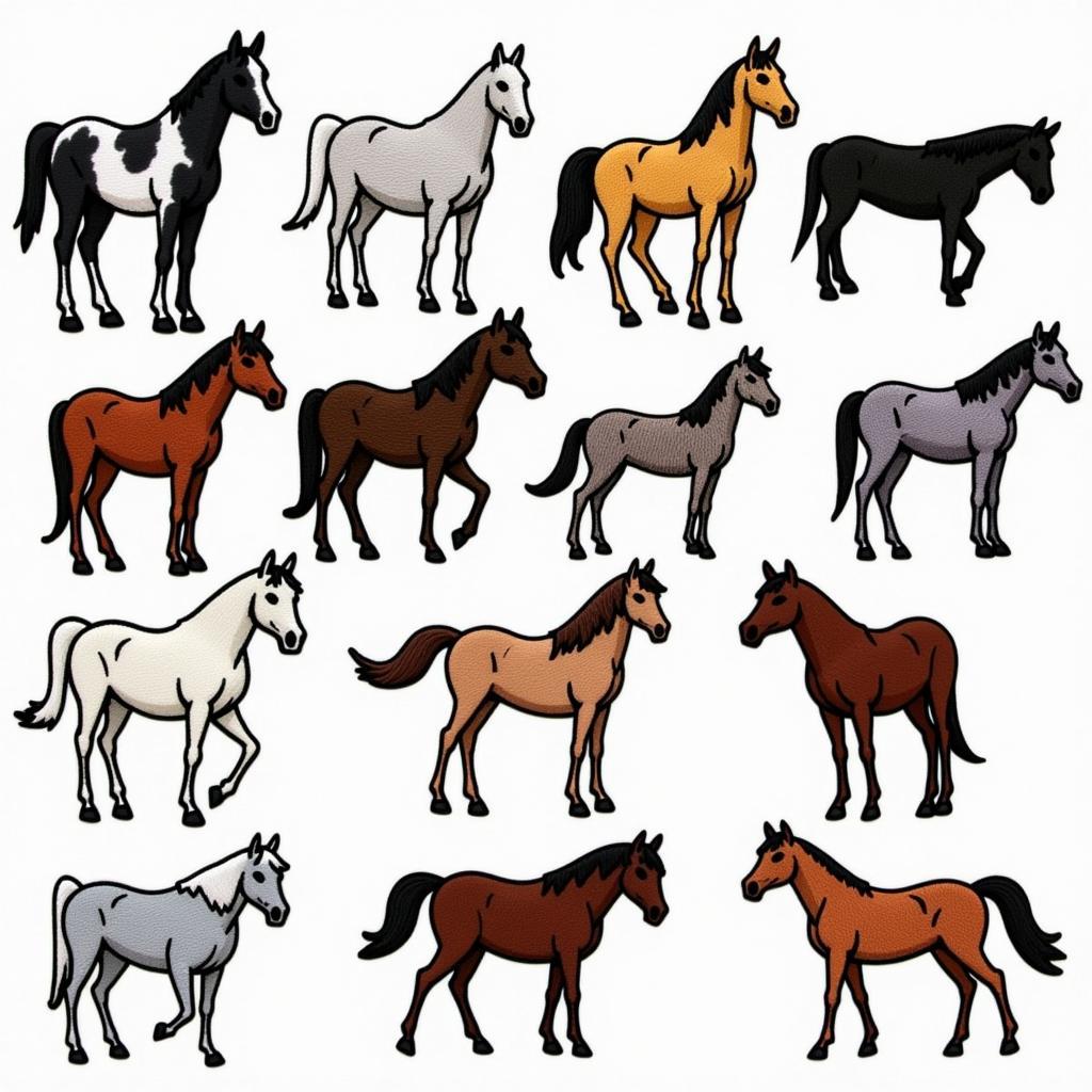 A wide variety of iron on horse patches, showcasing different breeds, colors, and styles.