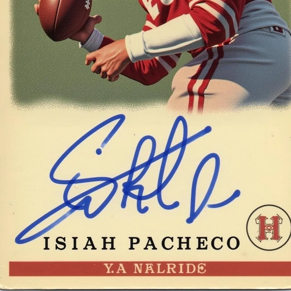 Close-up of Isiah Pacheco's signature on a football card