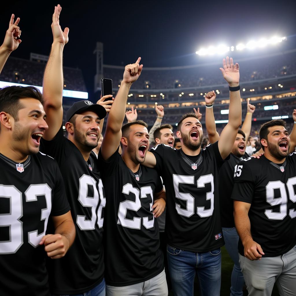 Fans celebrating a touchdown while wearing Jack Jones Raiders jerseys