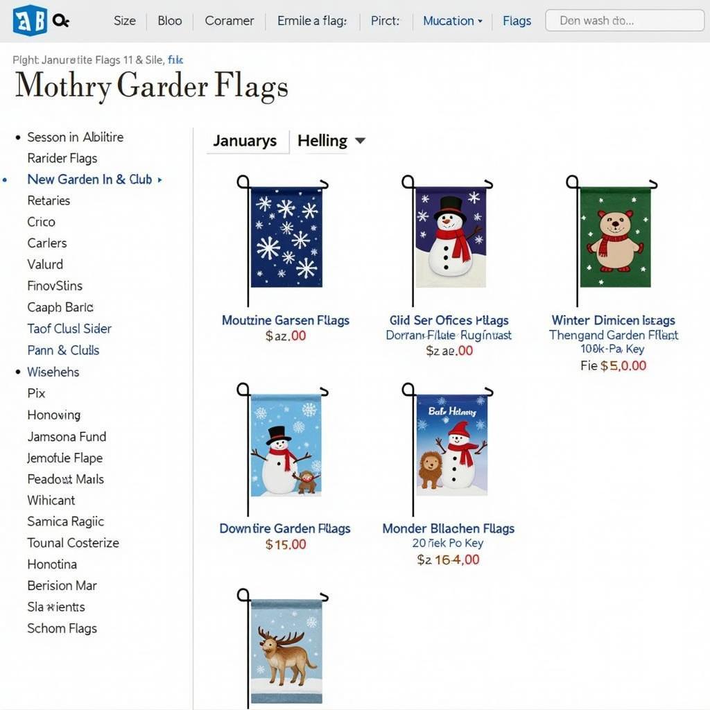 A variety of January garden flags displayed on an online retail website