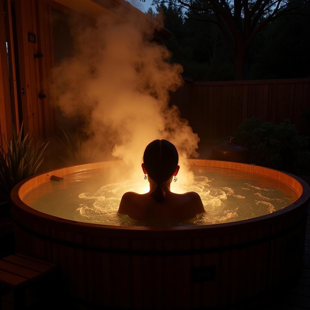 Enjoying a Relaxing Evening in a Japanese Cedar Hot Tub