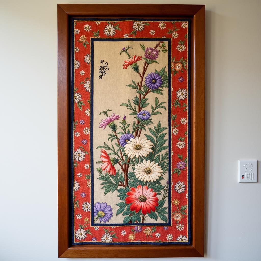 A Japanese table runner displayed as wall decor