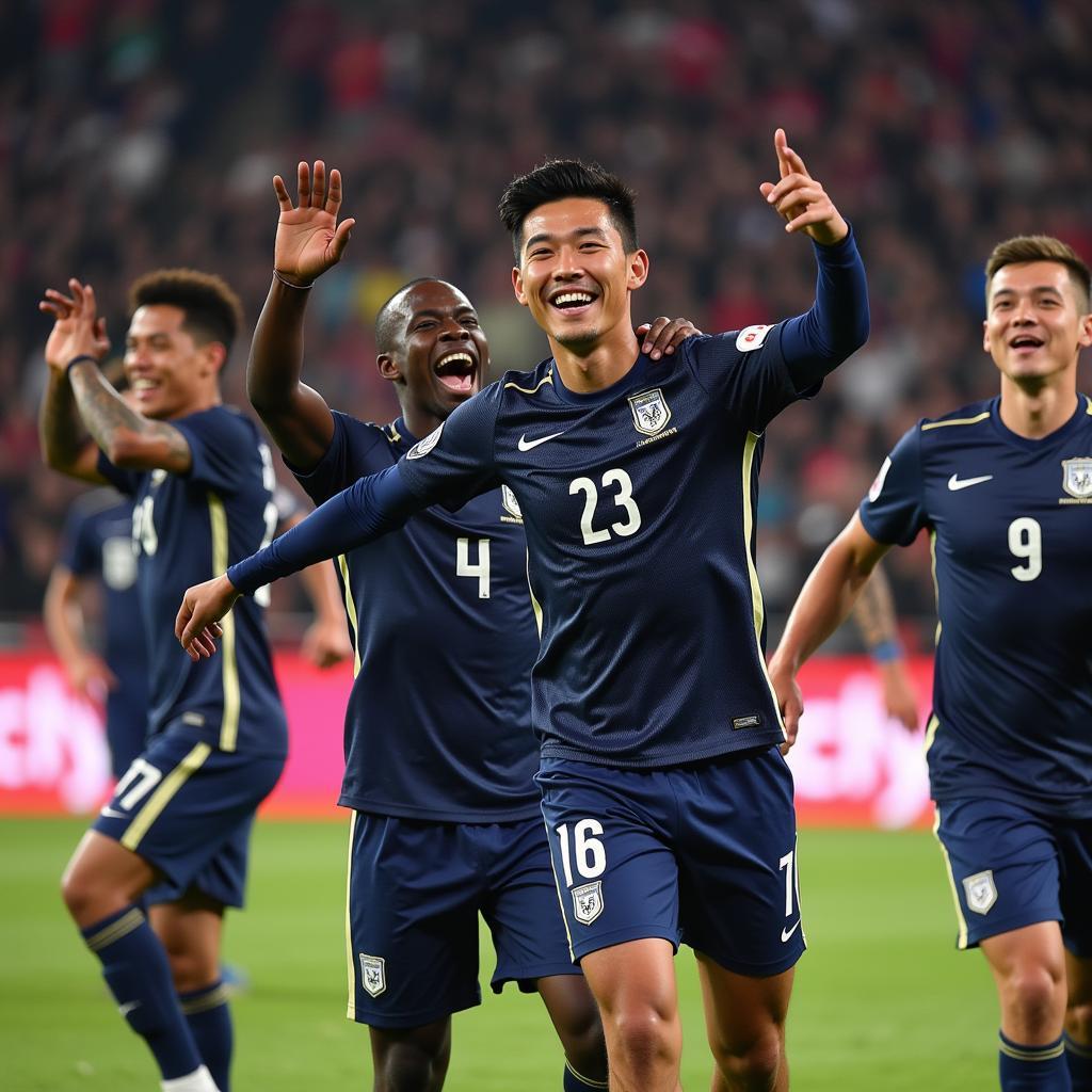 Jeongin celebrates a goal with teammates