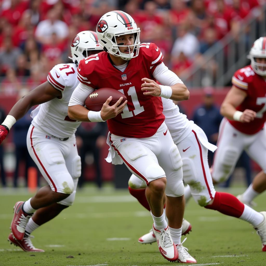 Justin Fields scrambling with football