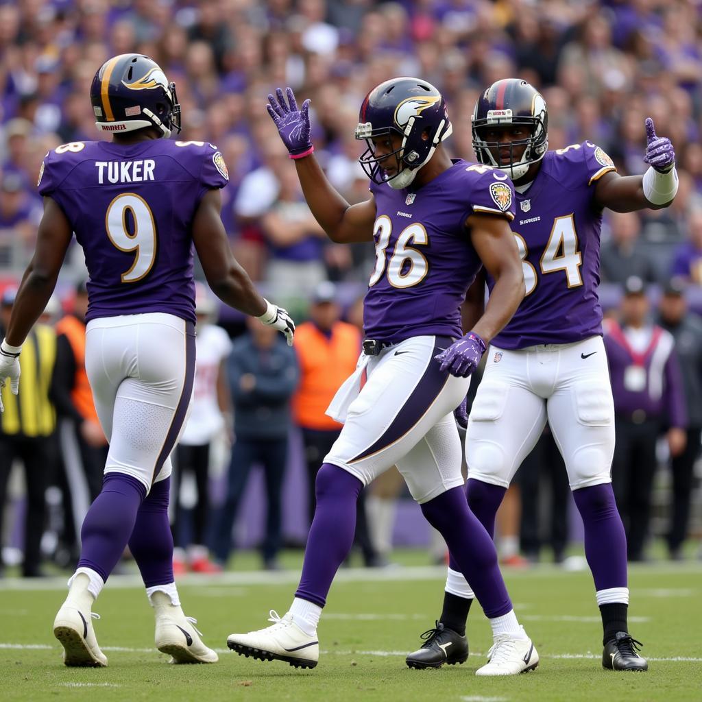 Justin Tucker celebrates a successful field goal