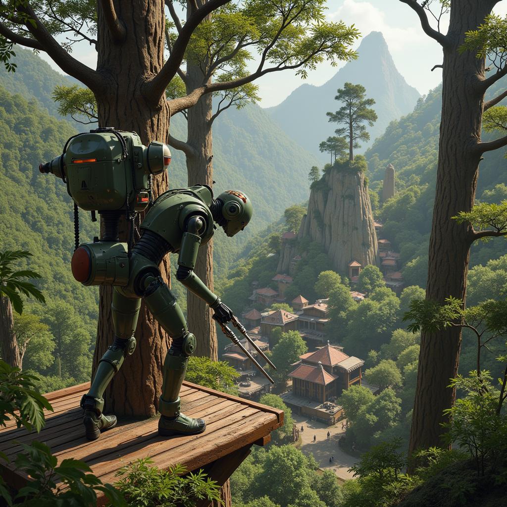 Kashyyyk agricultural droid tending to wroshyr trees in a high-canopy platform village.