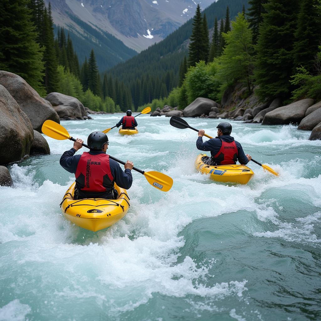 Kayakers Navigating Whitewater Rapids