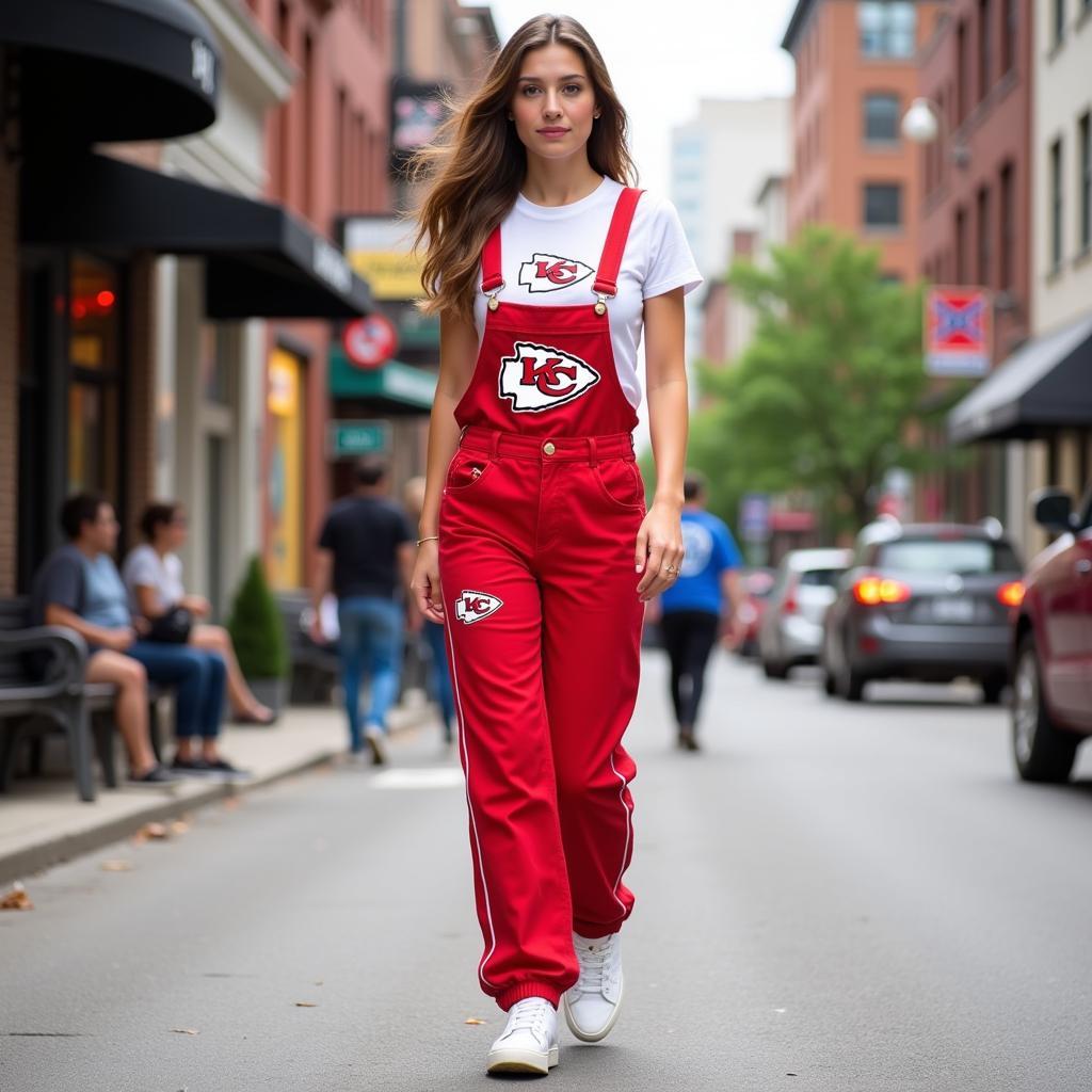 A fan rocking KC Chiefs overalls for a casual, everyday look.